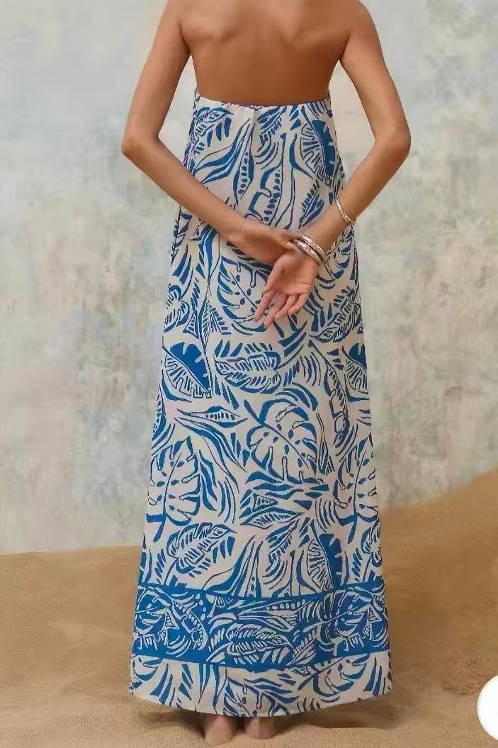 Tropical Leaf Print Strapless Maxi Dress Flowering Girl