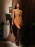 High Neck Rhinestone Leopard Mini Dress Flowering Girl