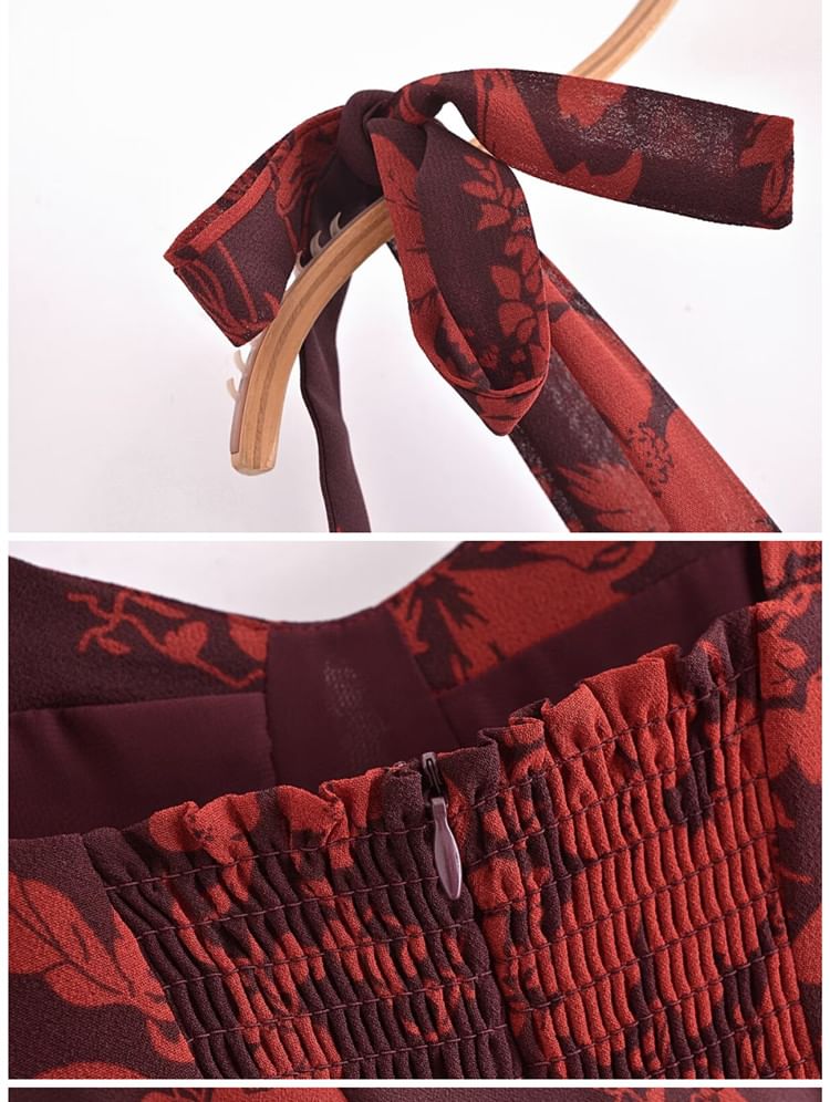 Floral Print Bowknot Strap Midi Dress In Burgundy Flowering Girl