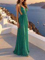 Backless A Line Maxi Dress Green Flowering Girl