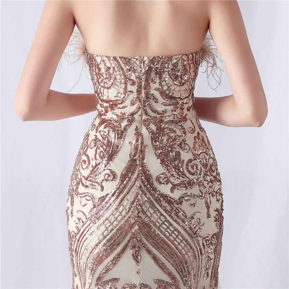 Choire Champagne Sequin Feather Maxi Dress Flowering Girl