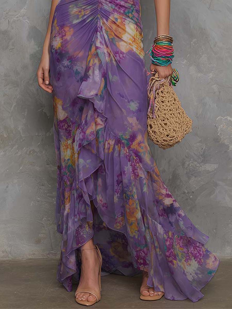Elegant Purple Floral Chiffon Halter Maxi Dress Flowering Girl