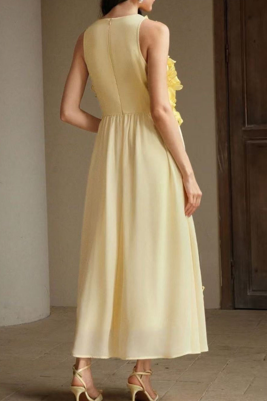 3d Flower Embellished Sleeveless Maxi Dress In Yellow Flowering Girl