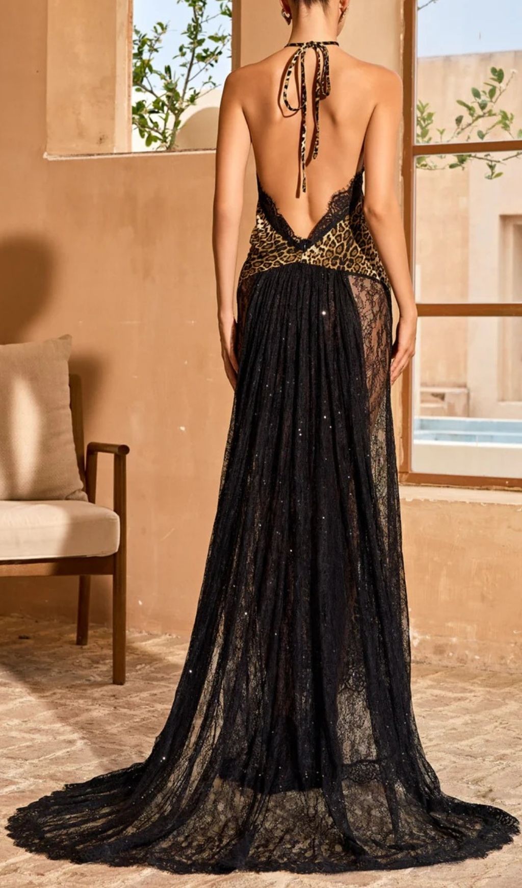 Mavek Backless Lace Leopard Maxi Dress Flowering Girl