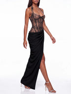 Fujiye Halterneck Lace Corset Split Dress In Black Flowering Girl