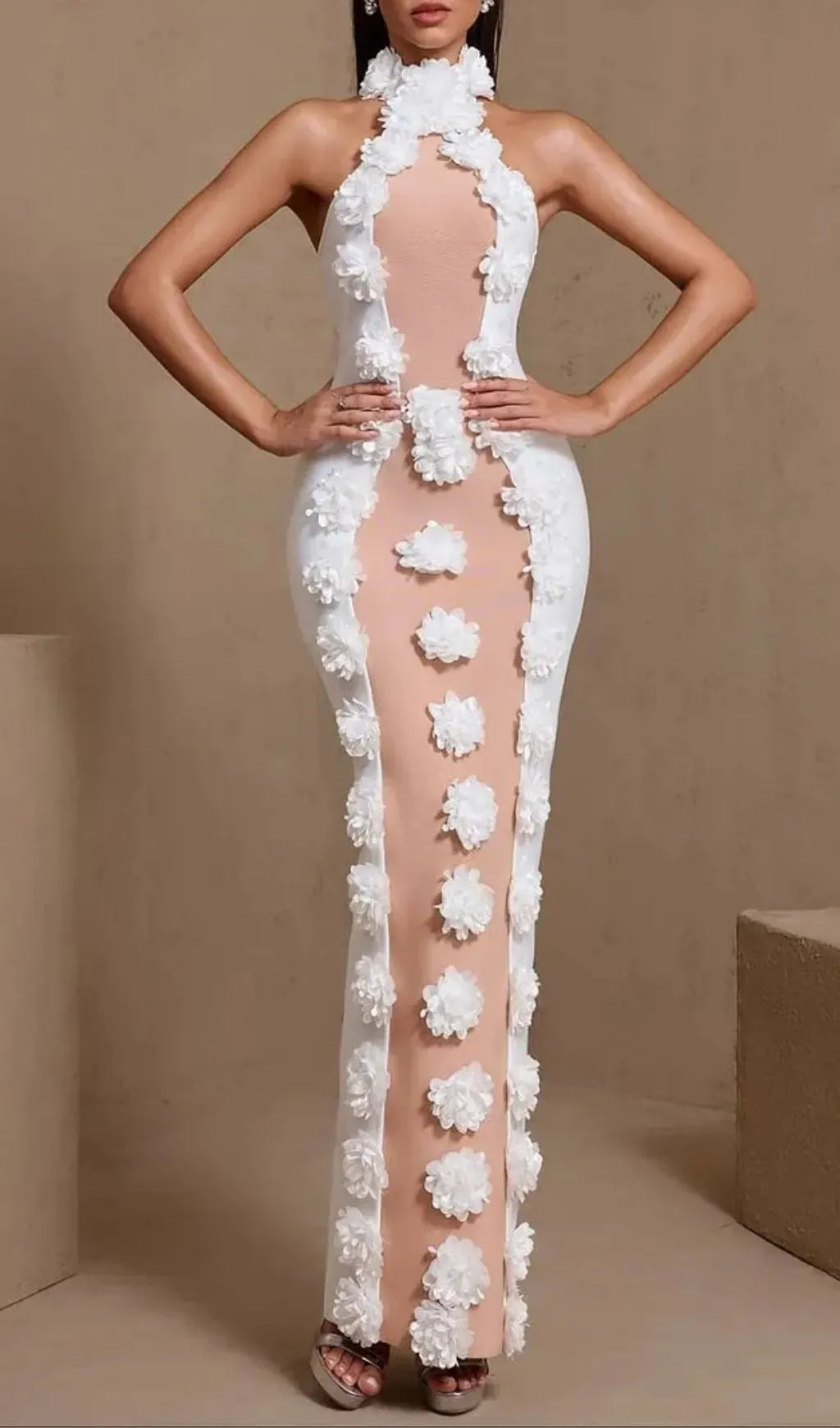 Jennifer White Halter Neck 3D Flowers Bandage Maxi Dress Flowering Girl