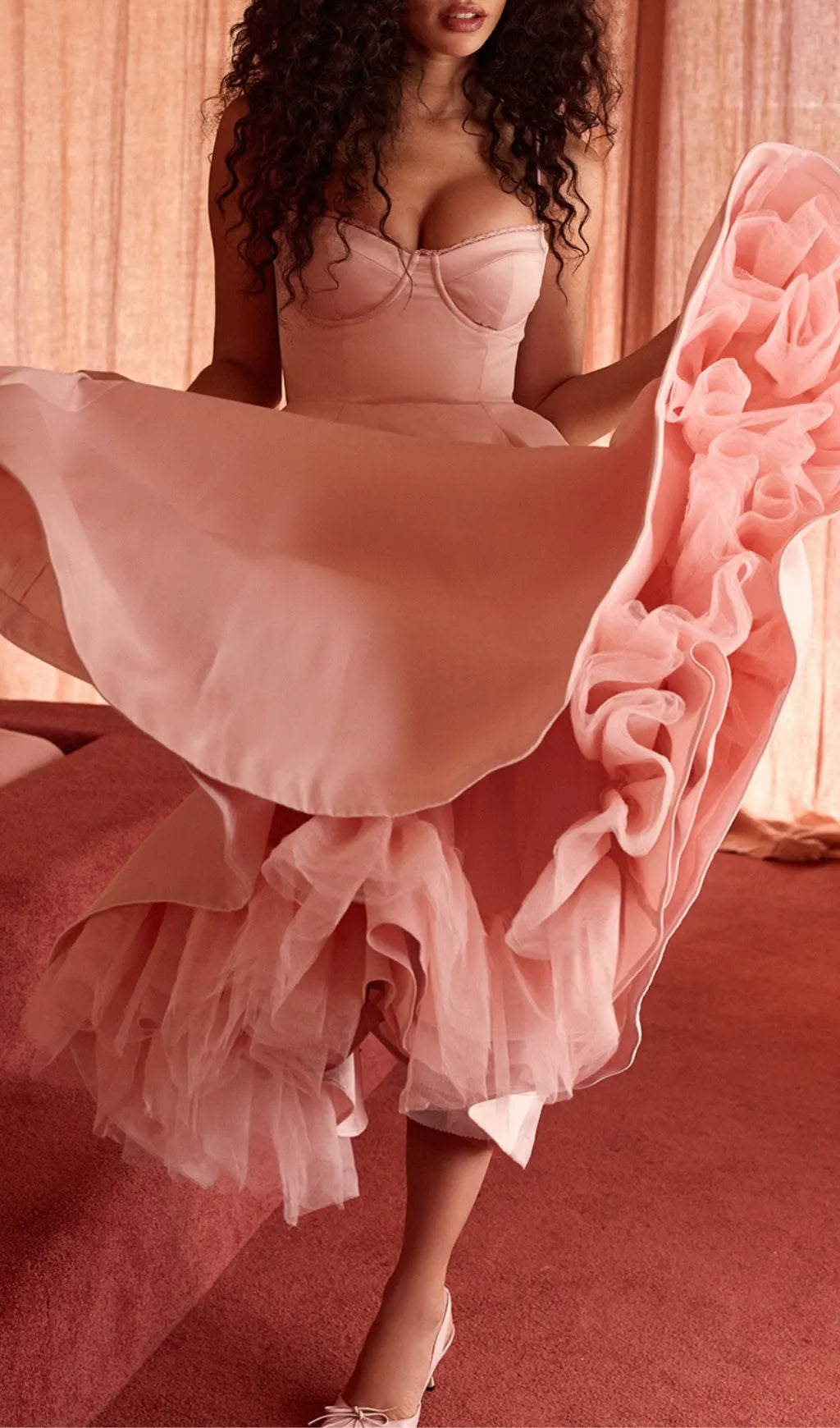 Alodia Pink Mesh Hem Midi Dress Flowering Girl