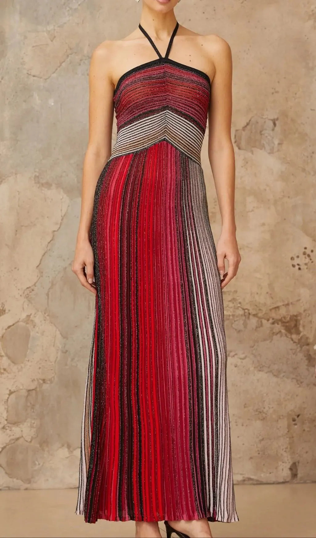 Ulysse Red Metallic Knit Halterneck Maxi Dress Flowering Girl