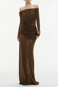 Cara Off-Shoulder Long Sleeve Pleated Mesh Maxi Dress In Brown Flowering Girl