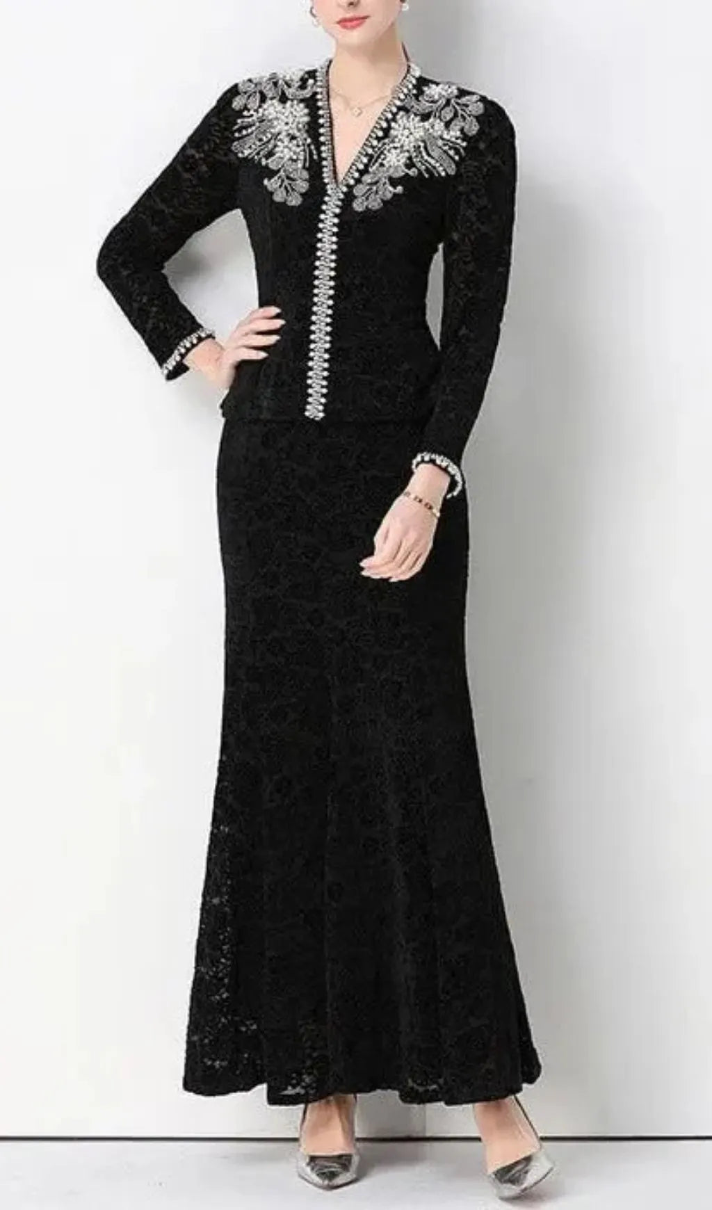 Georgia Beaded V-Neck Lace Top & Fishtail Skirt Set - Black Flowering Girl