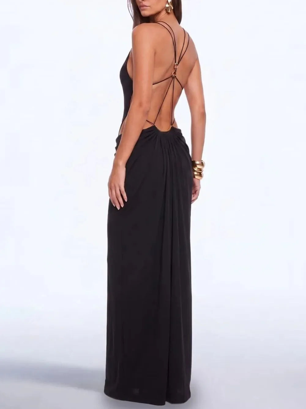 Lorysa Backless Cutout Maxi Dress In Black Flowering Girl