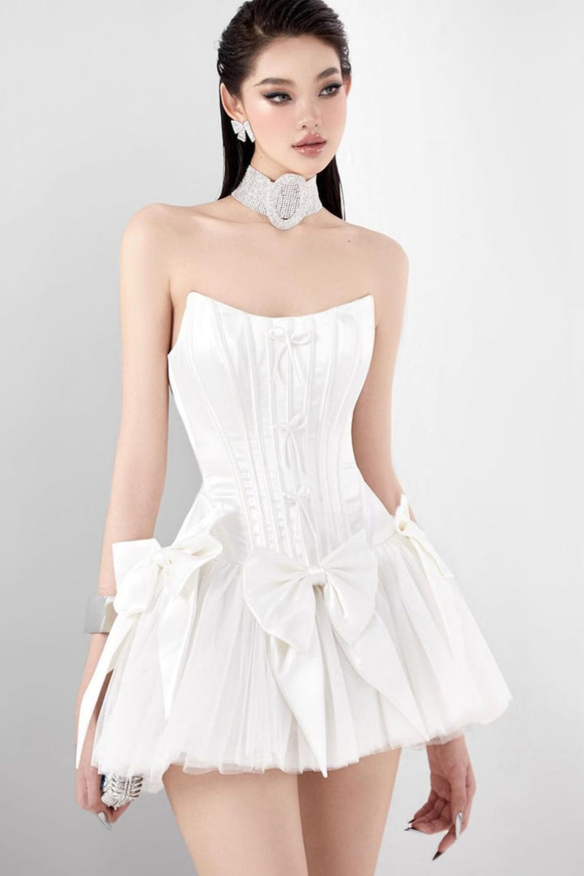 Elsie Bowknot Mesh Strapless Mini Dress In White Flowering Girl