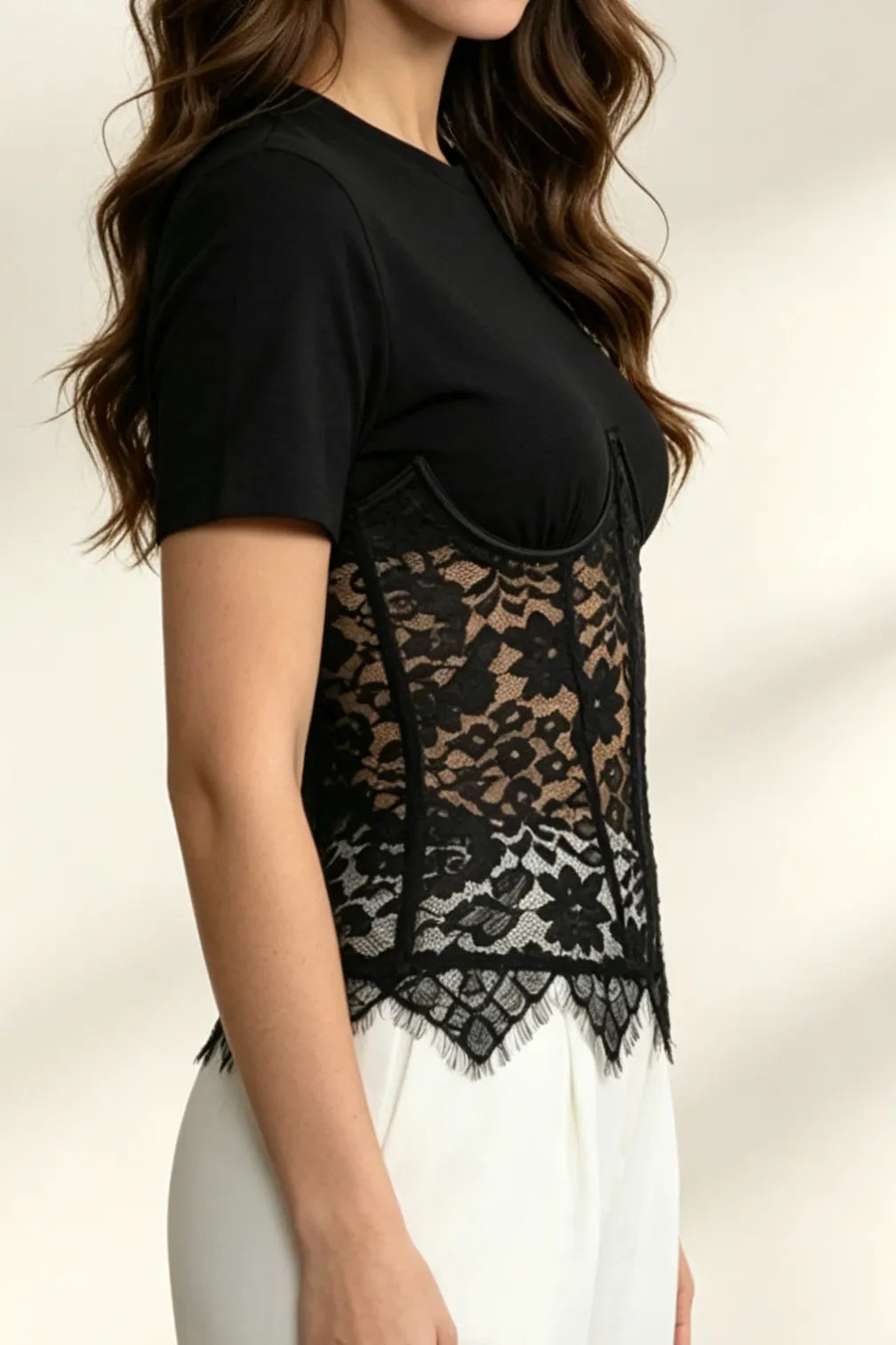 Black Spliced Floral Lace Corset Short Sleeve T-shirt Flowering Girl