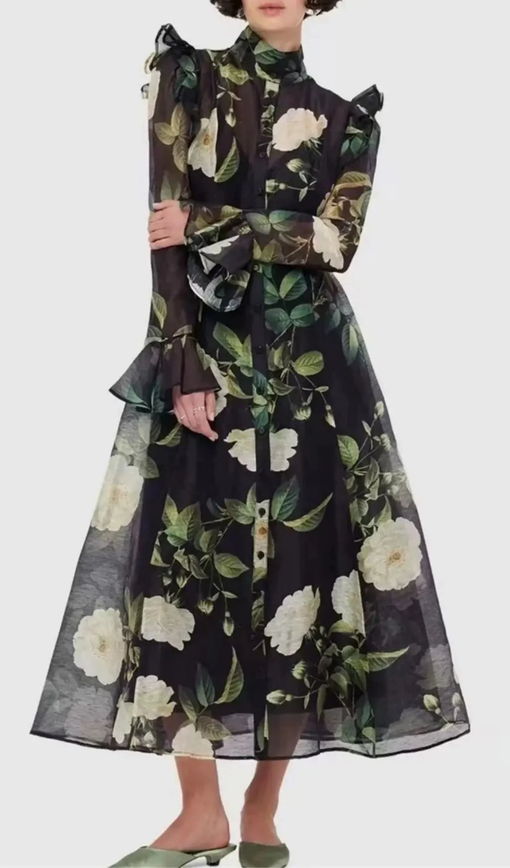 Eder Black Floral Long Sleeve Midi Dress Flowering Girl