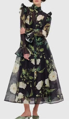 Eder Black Floral Long Sleeve Midi Dress Flowering Girl