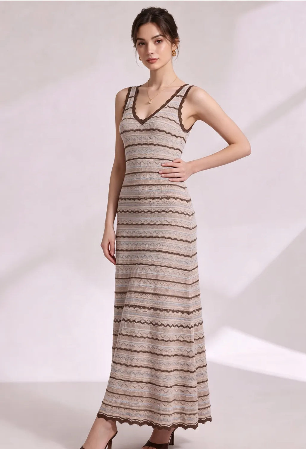 Beige Crochet-Style Knit A-Line Maxi Dress Flowering Girl