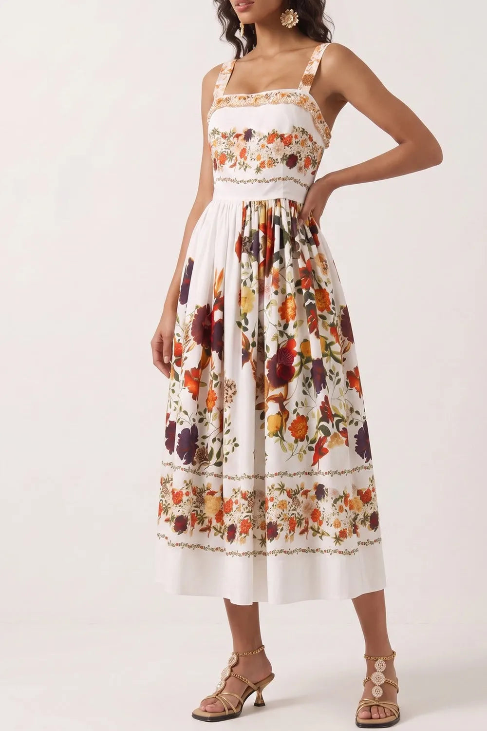 Wide Strap Floral Print Midi Dress Flowering Girl