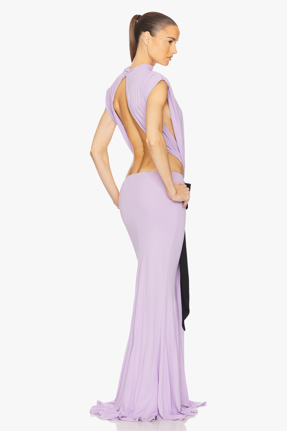 bernice Bow Patch Cut Backless Maxi Dress in purple Flowering Girl
