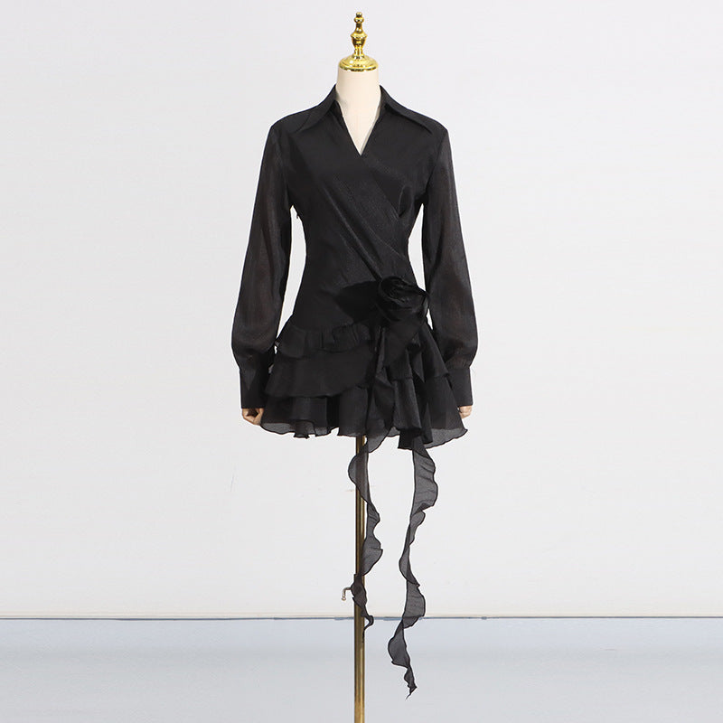 Flower Ruffle Ribbon Mini Dress In Black Flowering Girl