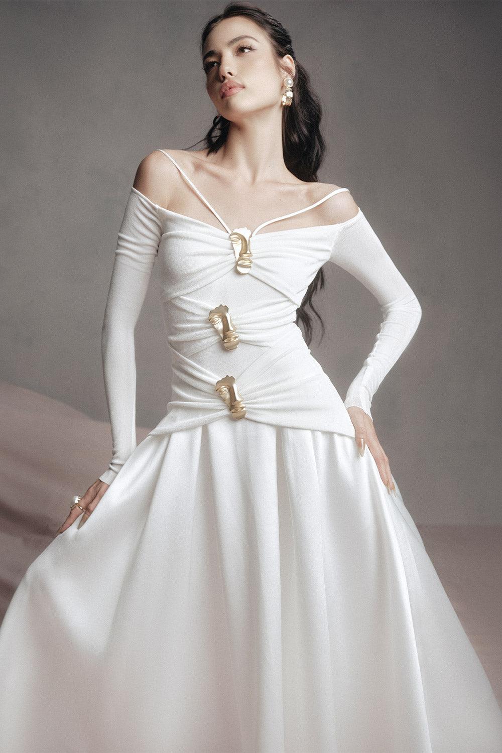 White A-Line Cold Shoulder Sleeved Spandex Taffeta Maxi Dress Flowering Girl