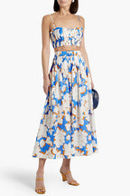 Pleated Floral-Print Linen Bustier Top Skirt Set In Blue Flowering Girl