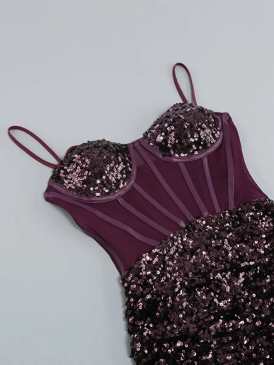 Sequin Corset Midi Dress In Wine Flowering Girl