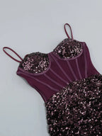 Sequin Corset Midi Dress In Wine Flowering Girl