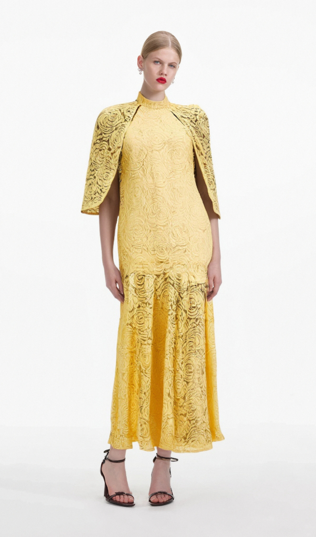 Ursula yellow cape-design chantilly-lace maxi dress Flowering Girl