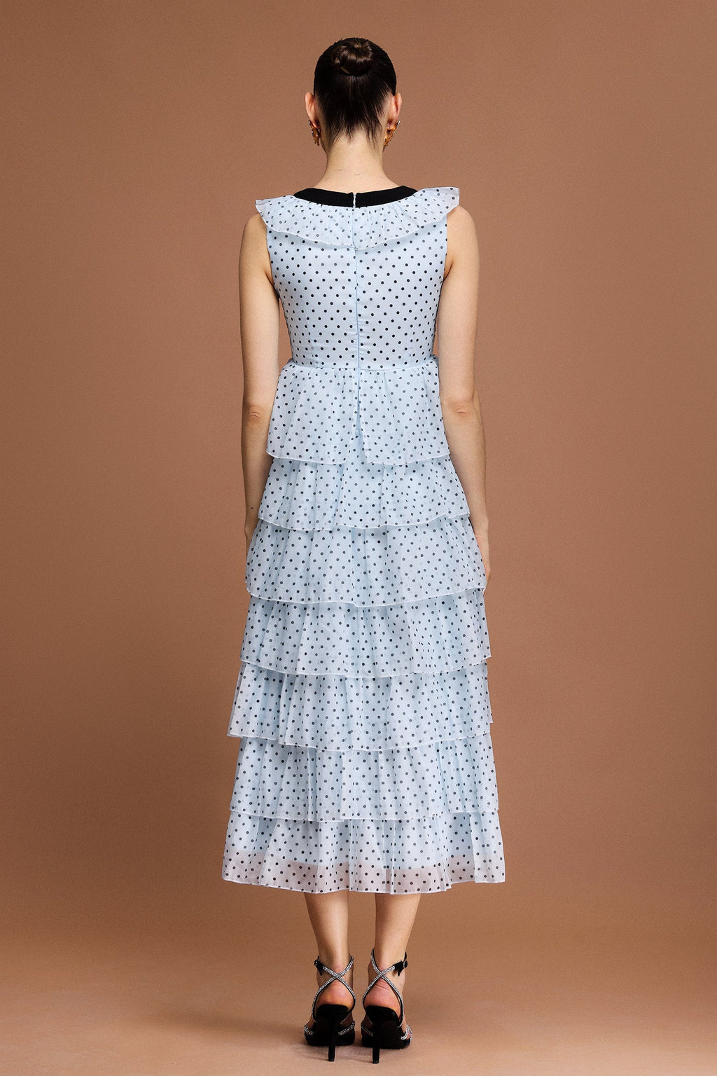 V-Neck Sleeveless Bowknot Folds Dot Printed Midi Dress Flowering Girl