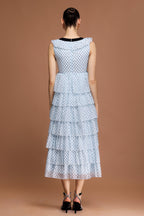 V-Neck Sleeveless Bowknot Folds Dot Printed Midi Dress Flowering Girl