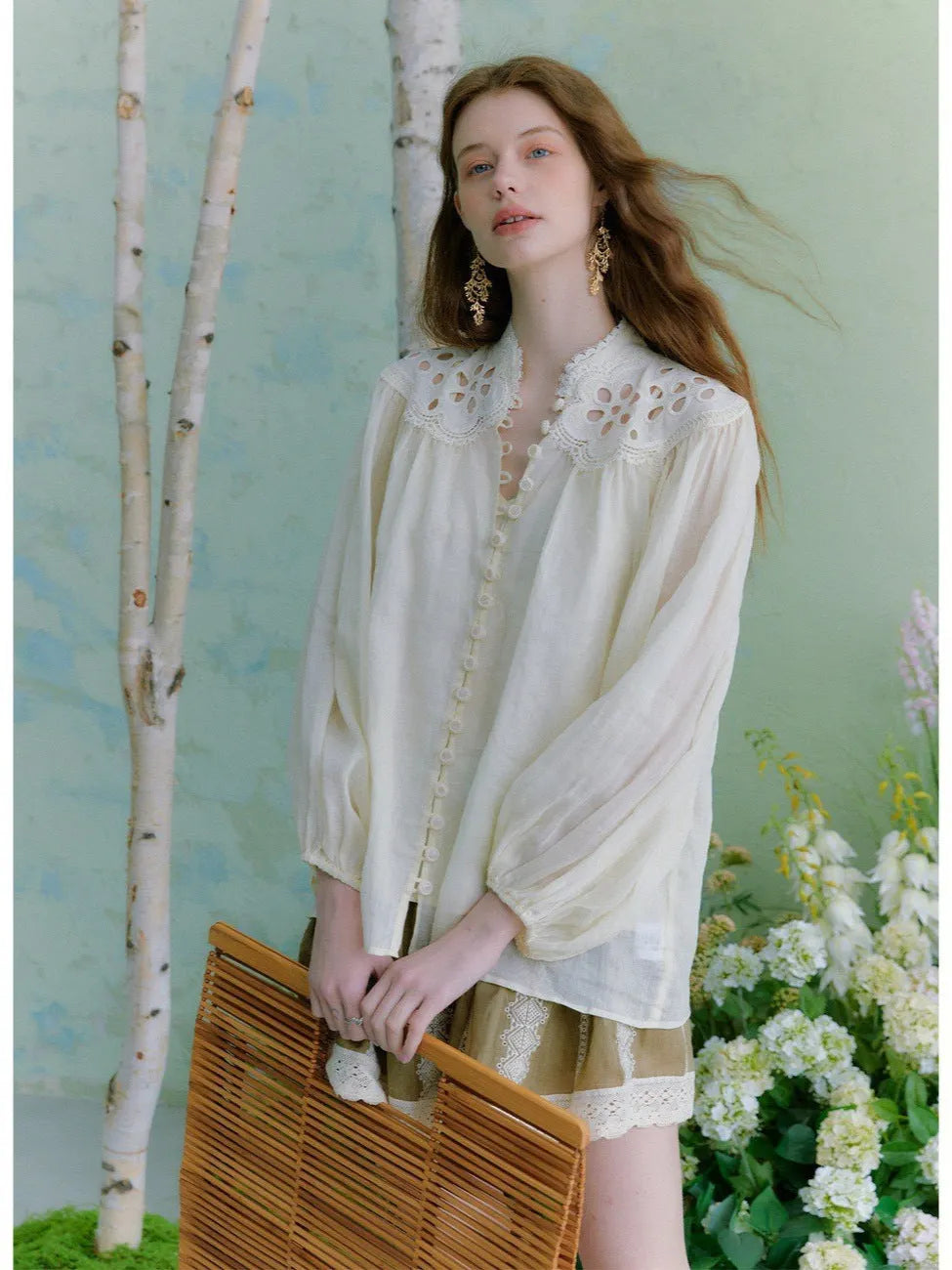 Beige Hollow Embroidered Lantern Sleeve Stand-Collar Ramie Shirt Flowering Girl