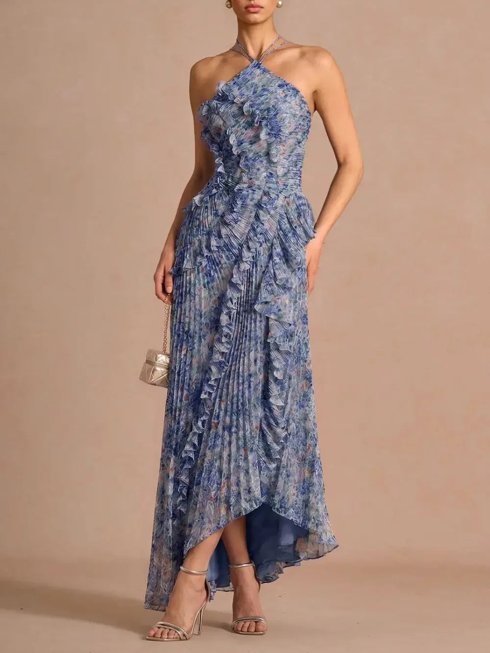 Finneas Purple Floral Halter Pleated Maxi Dress Flowering Girl