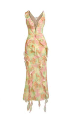 Jessie Tie Dye V-Neck Ruffle Tie-Up Midi Dress Flowering Girl