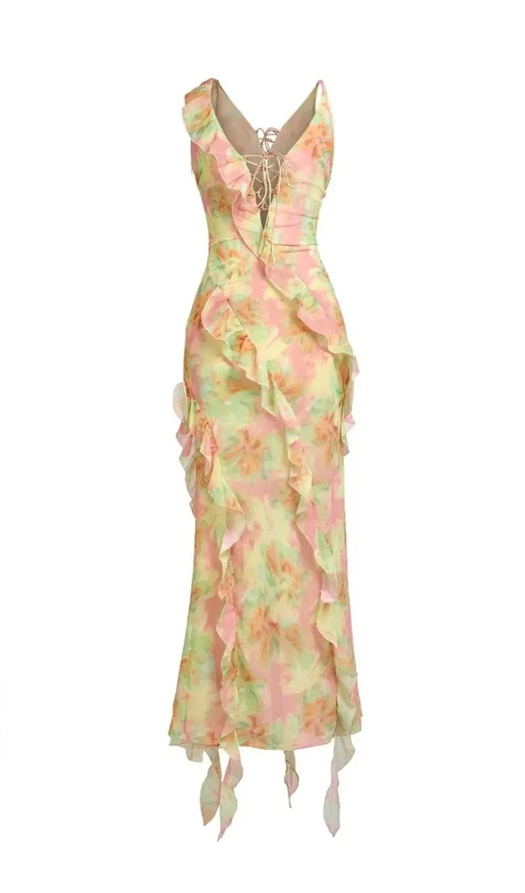 Jessie Tie Dye V-Neck Ruffle Tie-Up Midi Dress Flowering Girl
