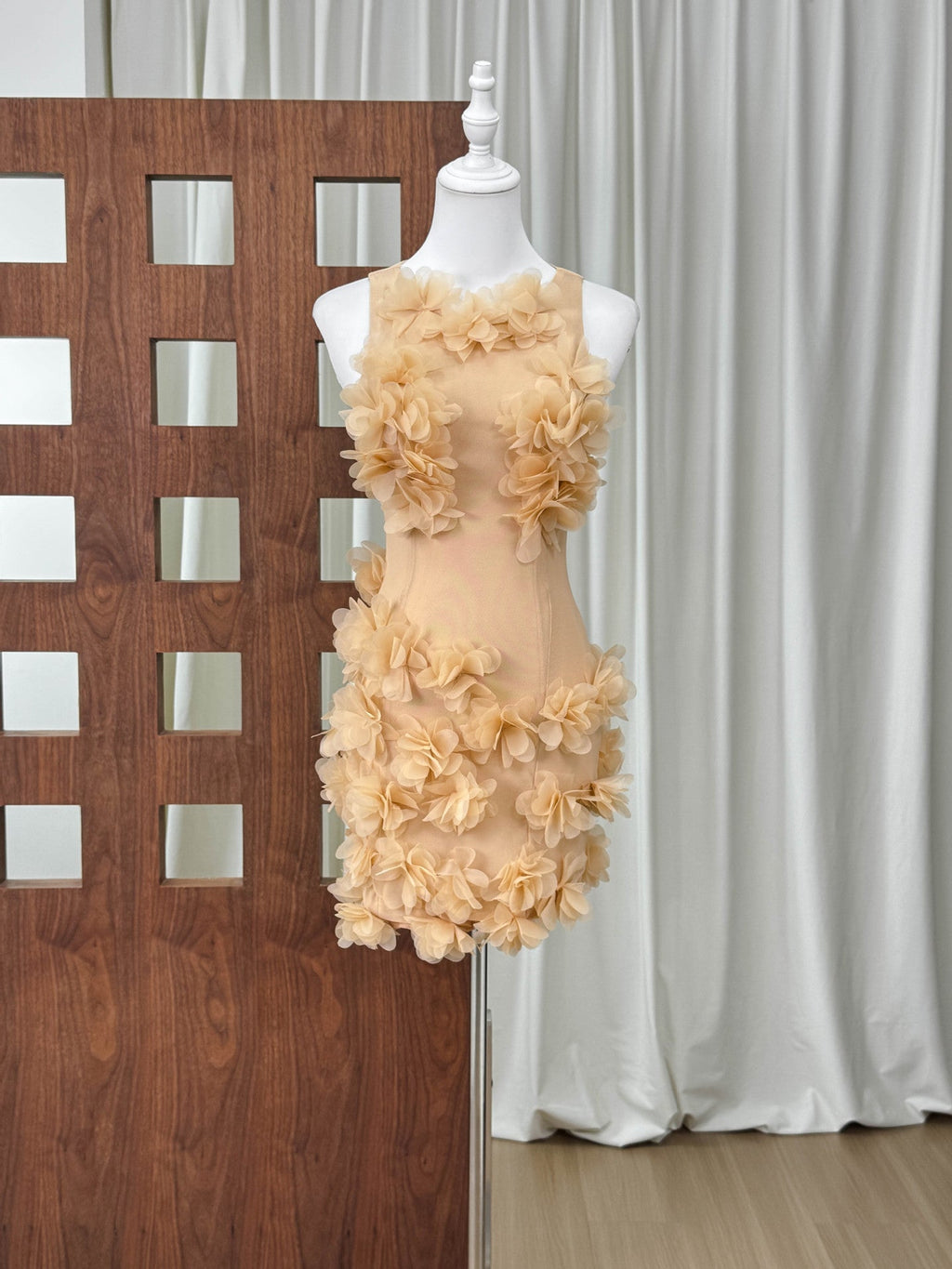 Beige Sheer Mesh Bodycon Mini Dress with 3D Floral Petals Flowering Girl
