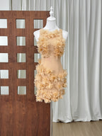 Beige Sheer Mesh Bodycon Mini Dress with 3D Floral Petals Flowering Girl