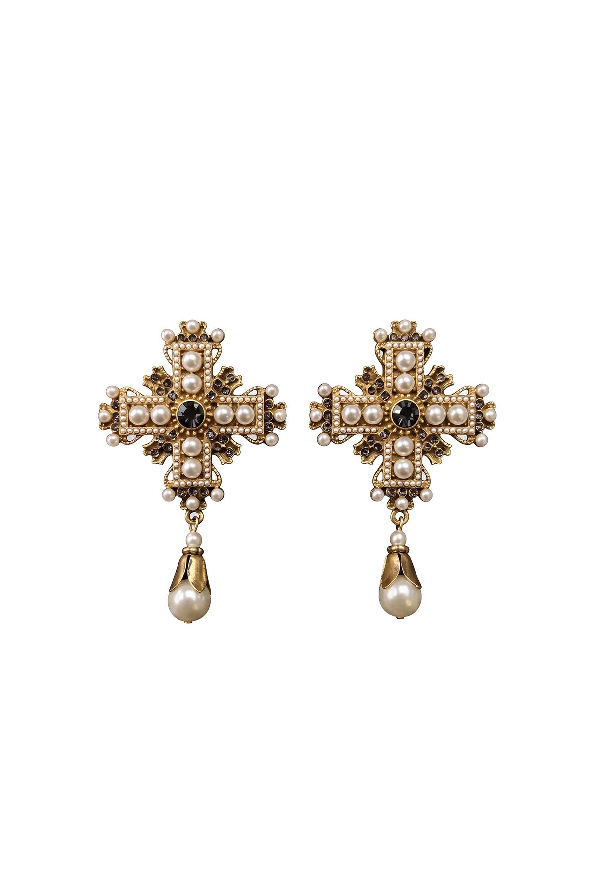 Vintage Antique Gold Rhinestone Statement Baroque Cross Pearl Drop Earrings Flowering Girl