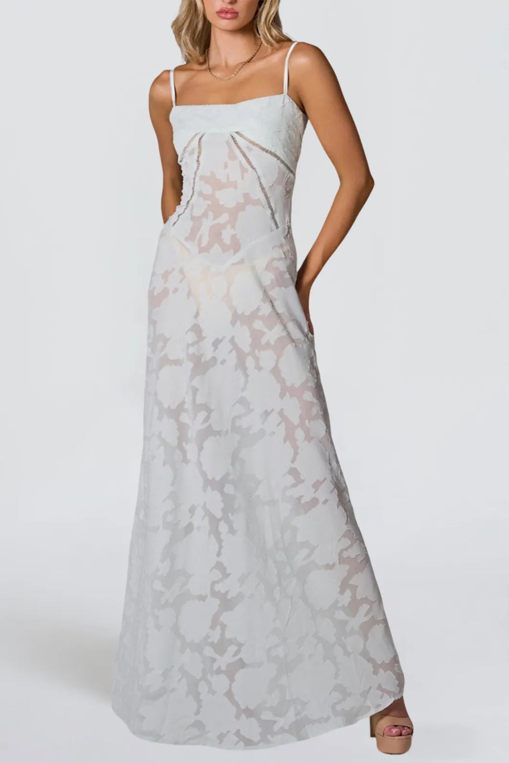Floral Lace Back Maxi Dress -White Flowering Girl