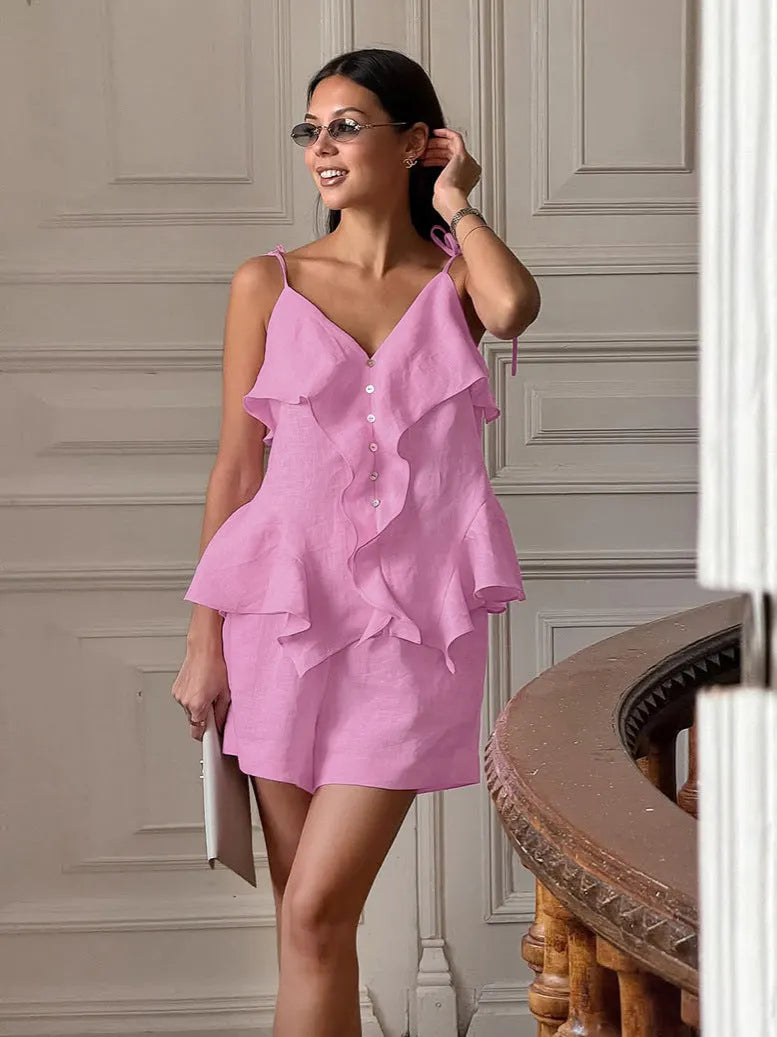 Cotton Ruffled Top & Shorts Two-Piece Set - Pink Flowering Girl