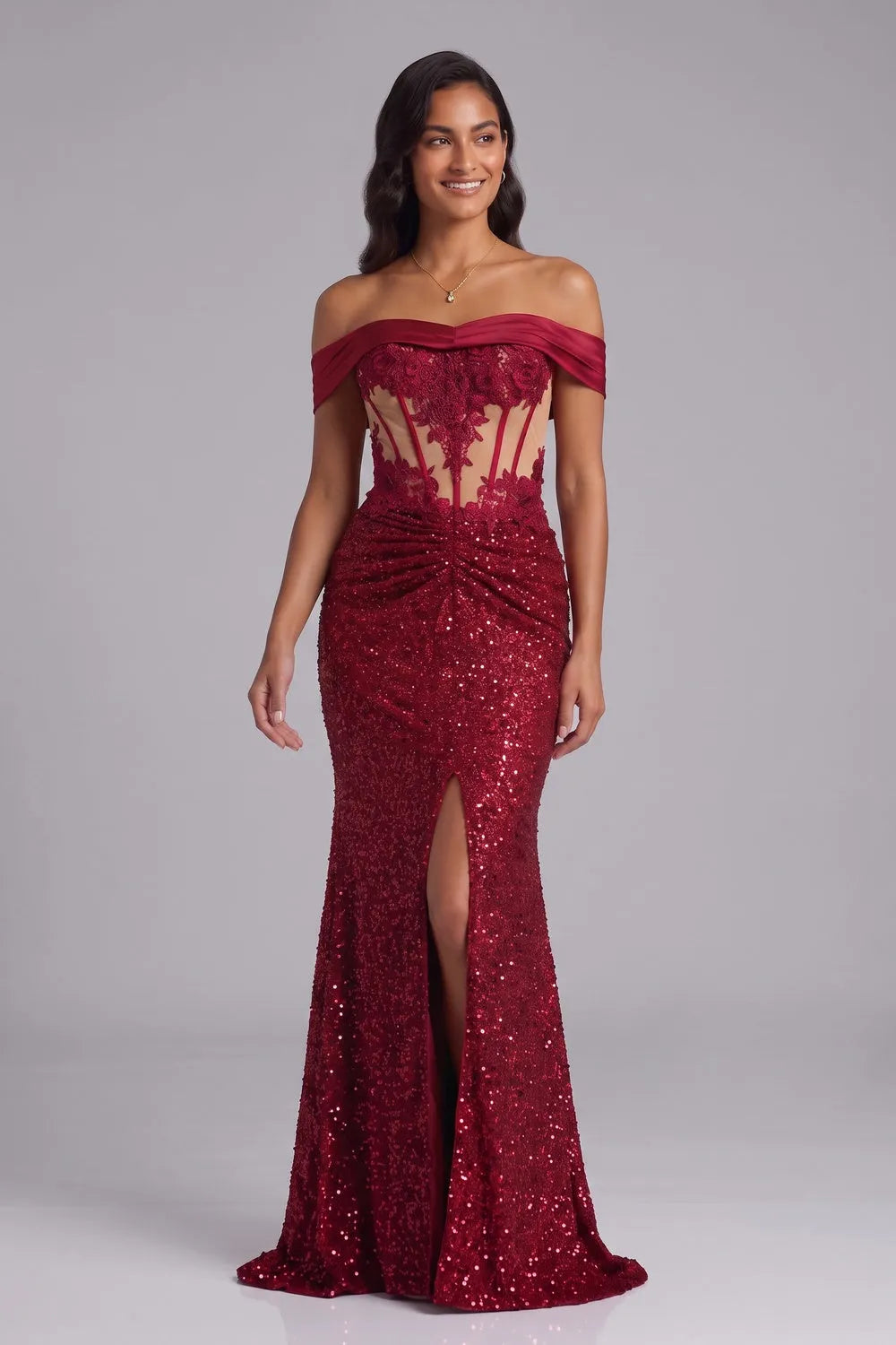 Deep Red Sequin Off-the-Shoulder Mermaid Gown Flowering Girl