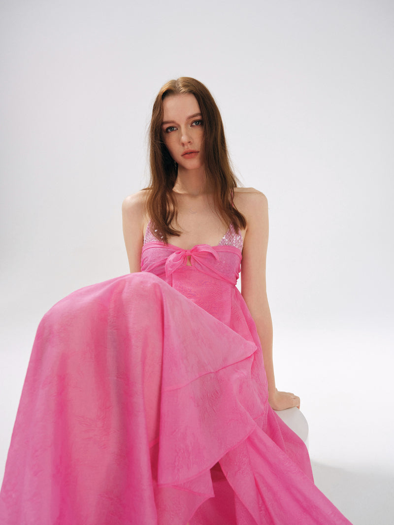 Rose Jacquard Patchwork Asymmetric Ruffle Tailored Dress Flowering Girl