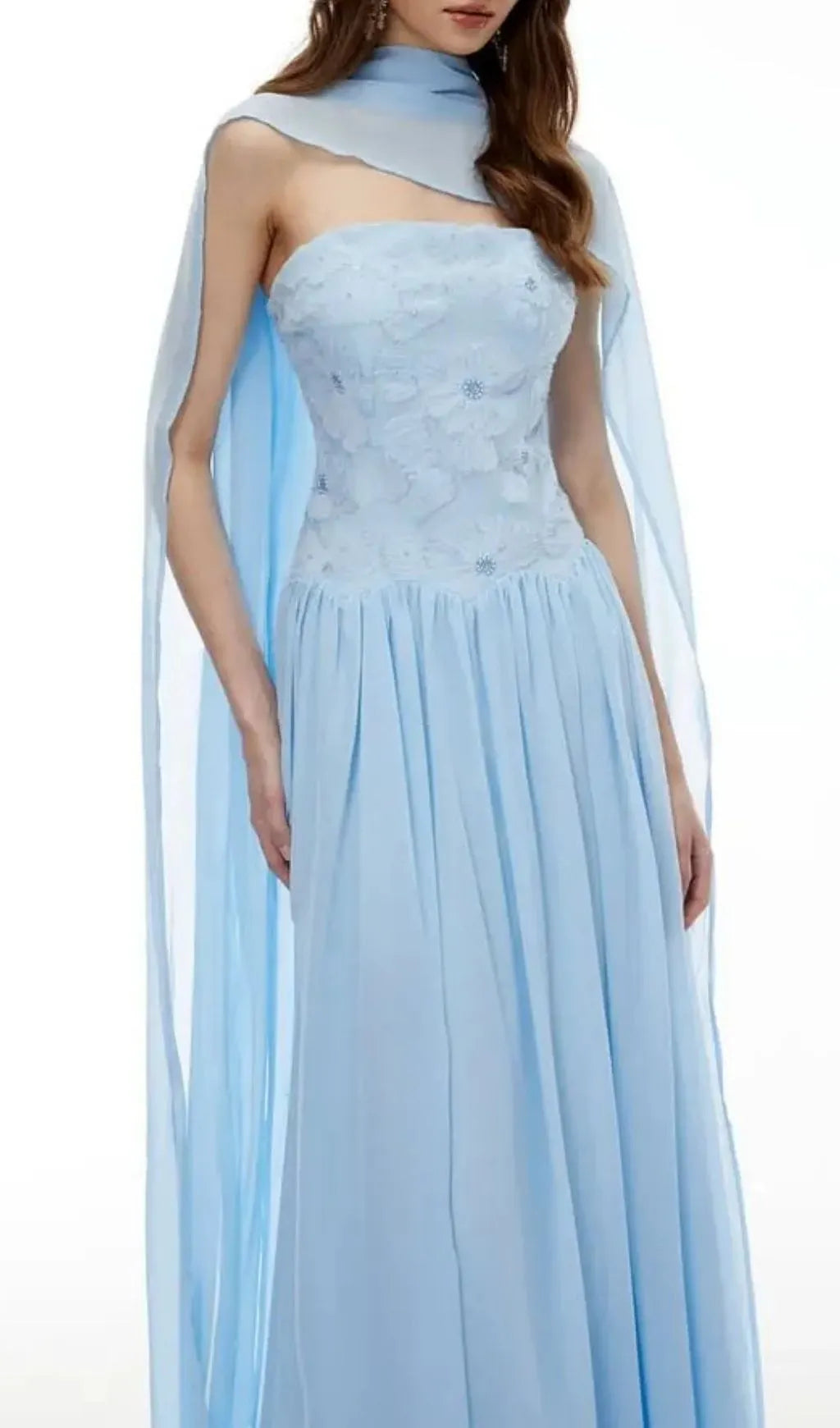 Rebecca Blue Floral Embroidered Pleated Maxi Dress Flowering Girl