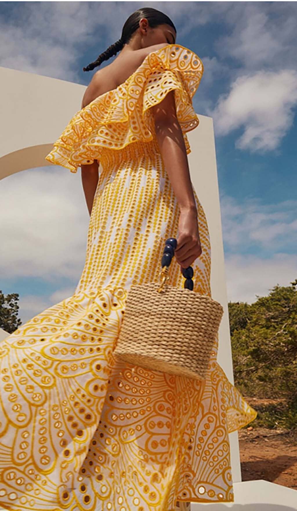 Ruffle Cold Shoulder Midi Dress In Yellow Flowering Girl