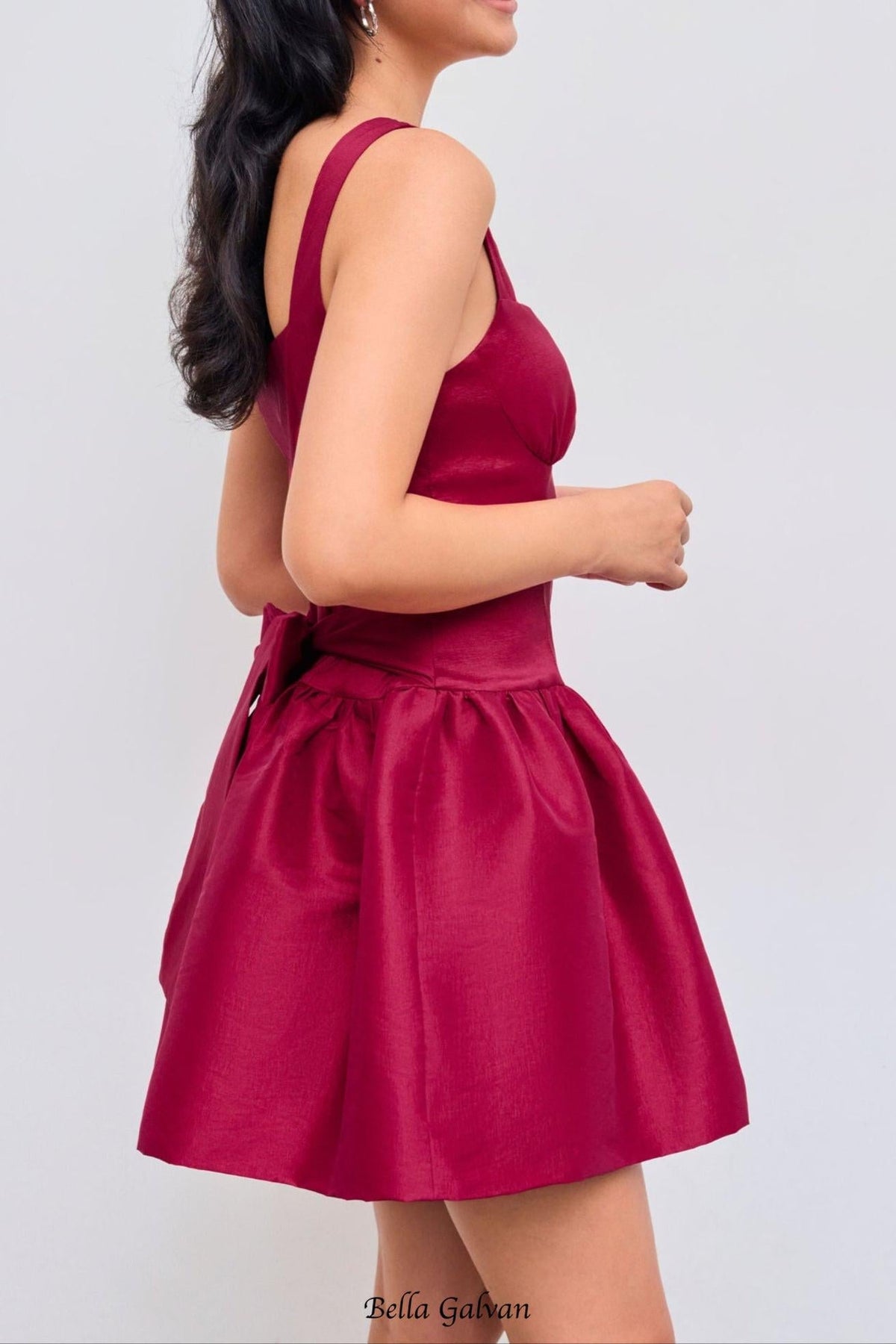 Square Neck Bowknot Zipper Mini Dress in red Flowering Girl