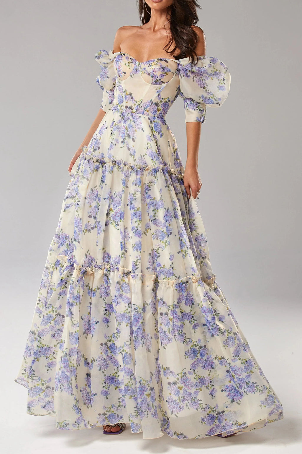 Hydrangea Print Voluminous Sleeves Maxi Dress In Blue Flowering Girl