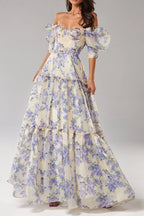 Hydrangea Print Voluminous Sleeves Maxi Dress In Blue Flowering Girl