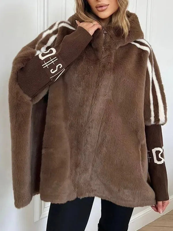Plush Hooded Vertical Stripe Printed Casual Coat Flowering Girl