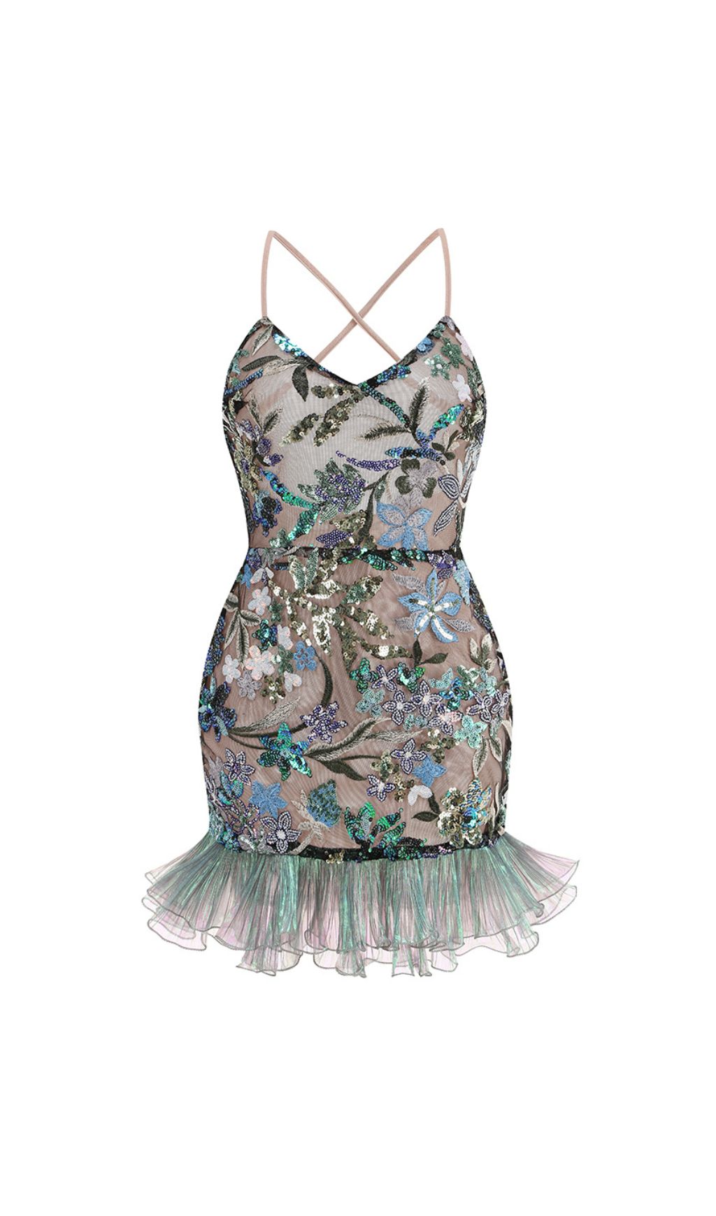 Fatin Green Flower Sequin Embroidery Mini Dress Flowering Girl