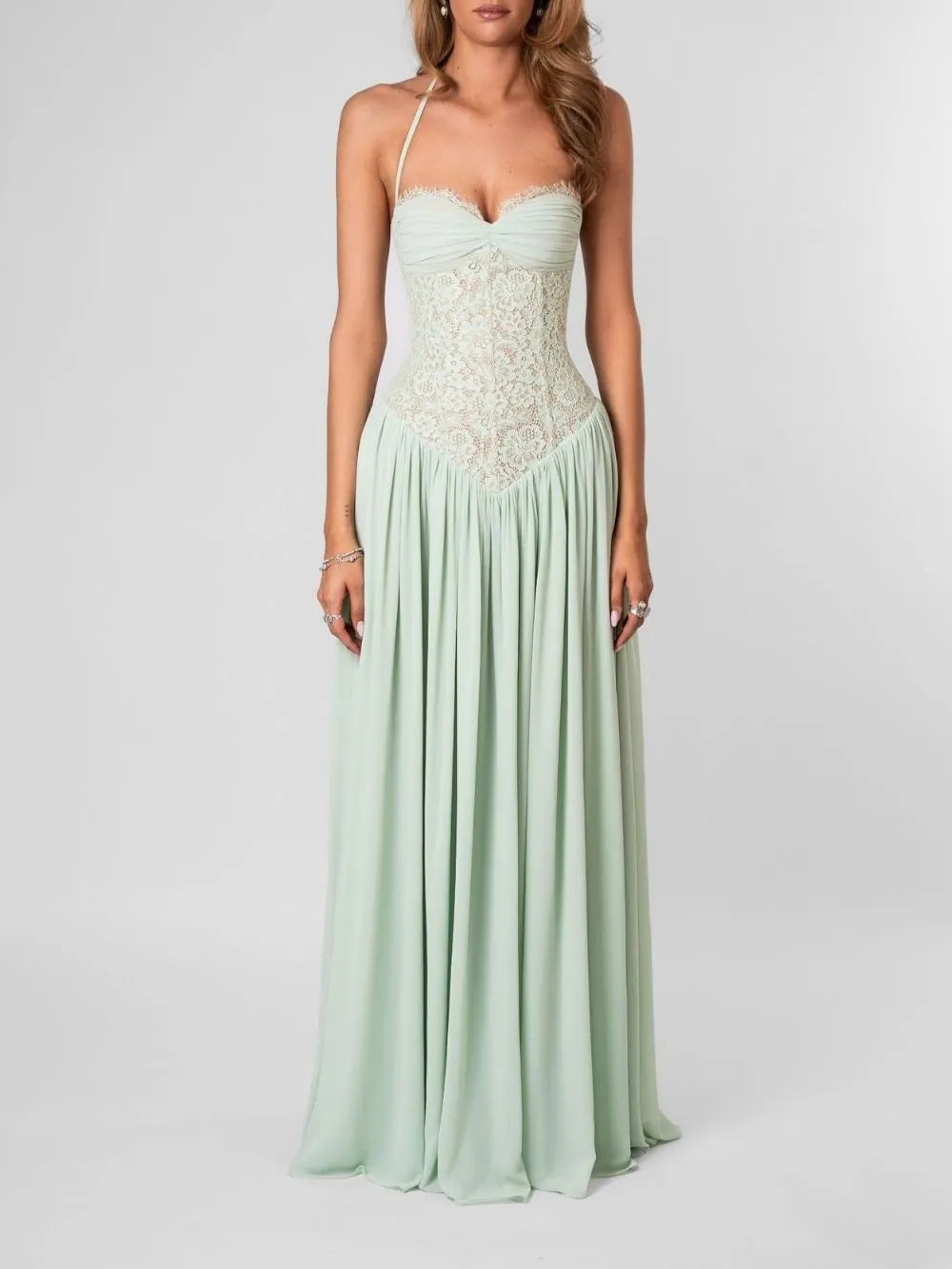 Masaaki Mint Halter Lace Maxi Dress Flowering Girl