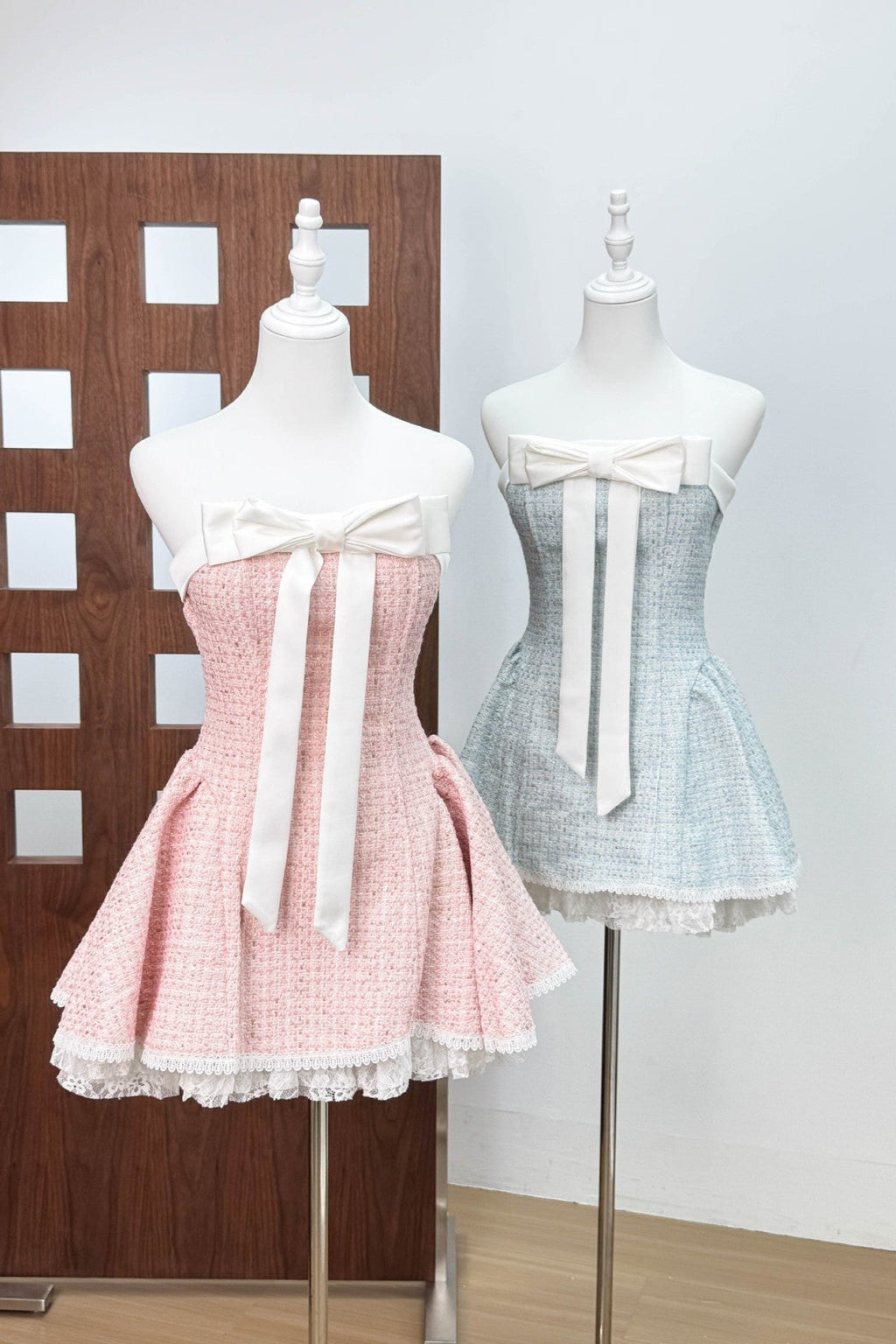 Bow Woven Lace Tube Top Mini Dress In Pink Flowering Girl